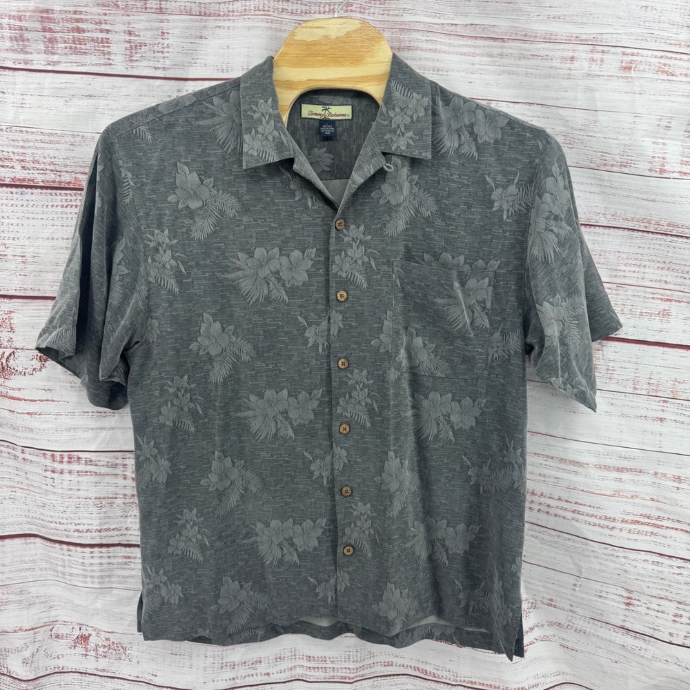 Tommy Bahama Camp Shirt Mens Large Silk Grey Floral Short Sleeve‎ Hawaiian